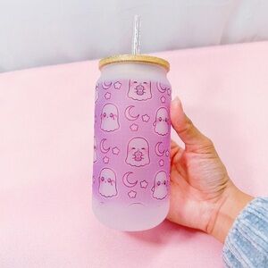 Kawaii Ghost Cup Iced Coffee Glass, Glass Can with Bamboo Lid and straw